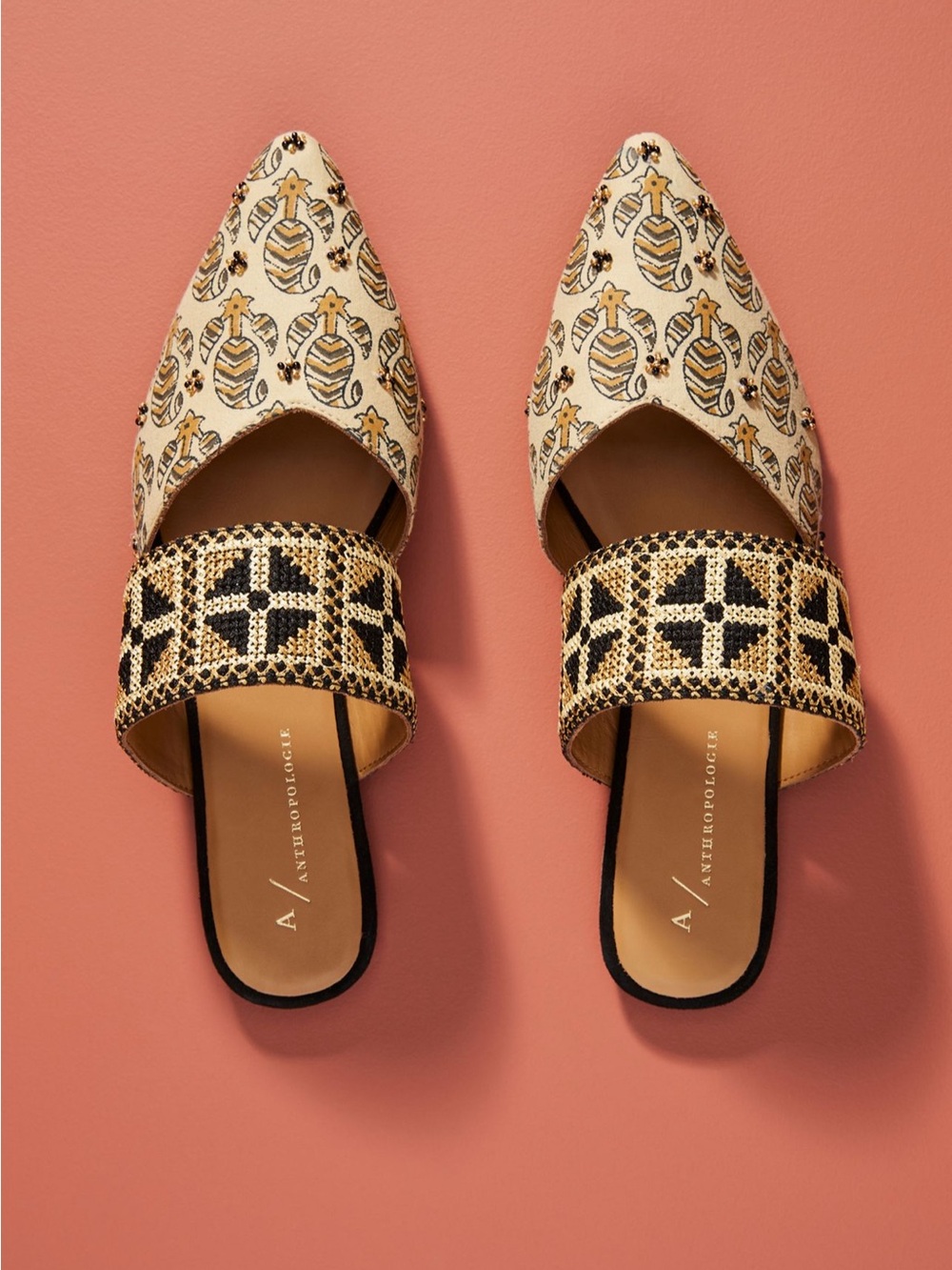 Anthropologie Beige & Black Patterned Pointed-Toe Slip-On Mules
